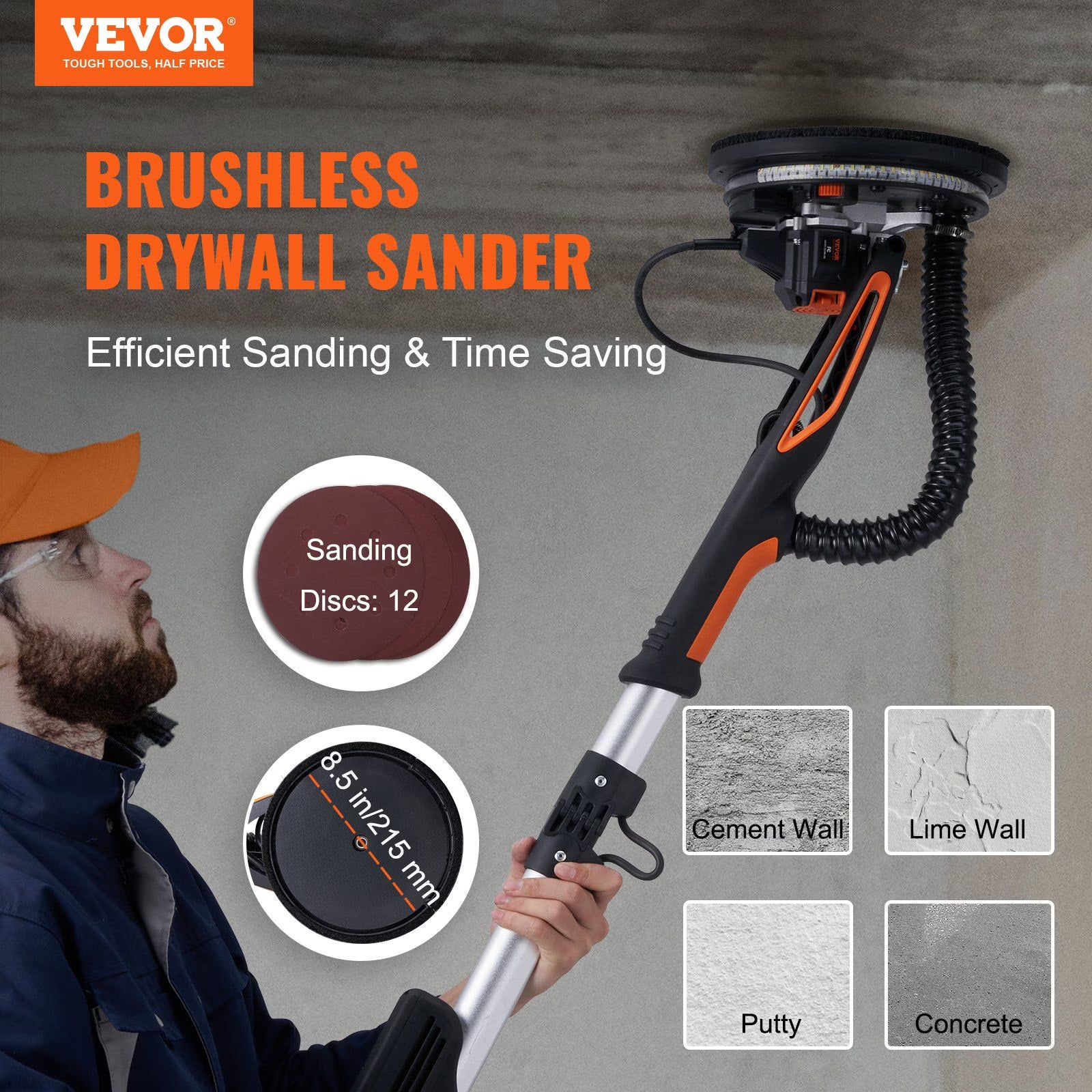 Professional Drywall Sander 800W, Brushless Motor, 5-Speed Adjustment (1000-2300 RPM)