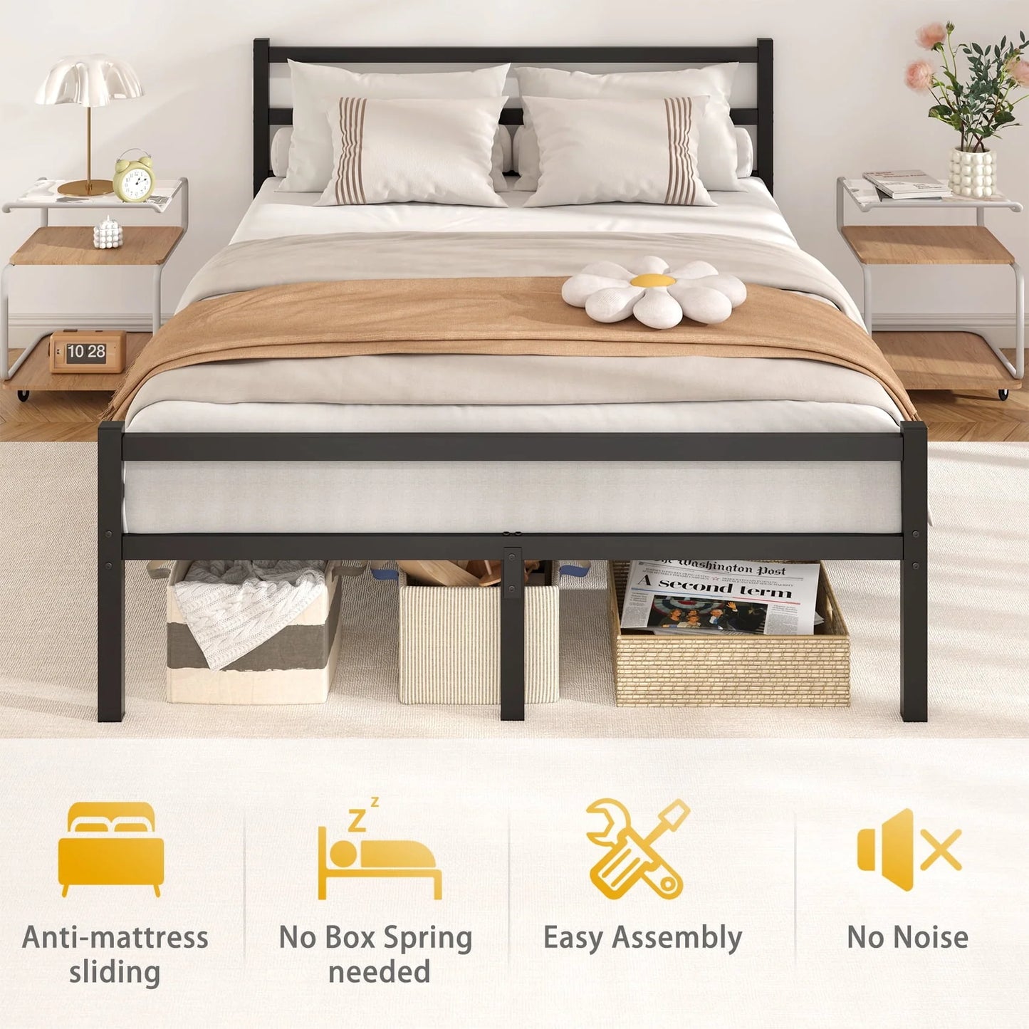 Mr IRONSTONE Heavy Duty Queen Size Metal Platform Bed Frame with Headboard and Footboard 14" High Under Bed Storage Space, No Box Spring Needed, Black
