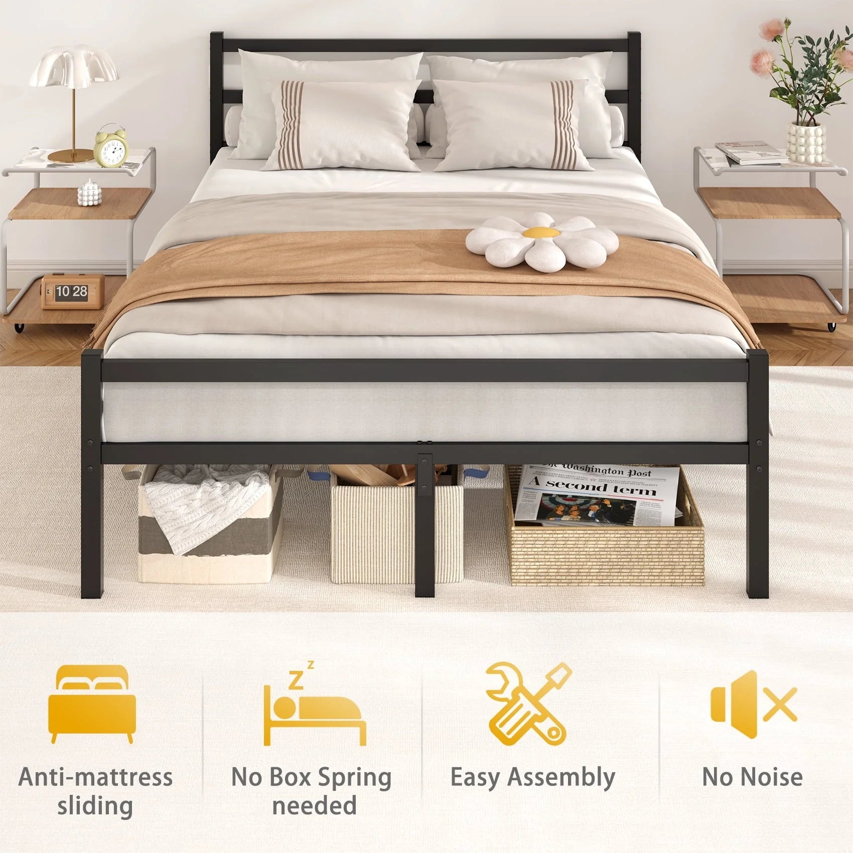 Mr IRONSTONE Heavy Duty Queen Size Metal Platform Bed Frame with Headboard and Footboard 14" High Under Bed Storage Space, No Box Spring Needed, Black