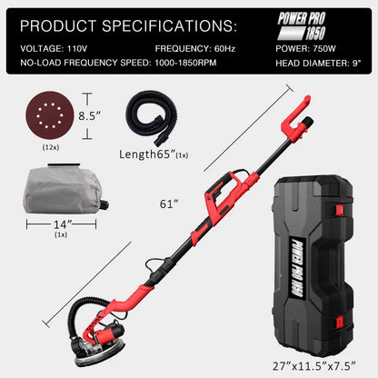 POWER PRO 1850 Electric Drywall Sander - Variable Speed 1000-1850rpm, 750 Watts, with Automatic Vacuum System, LED Light, and Hard Tool Case
