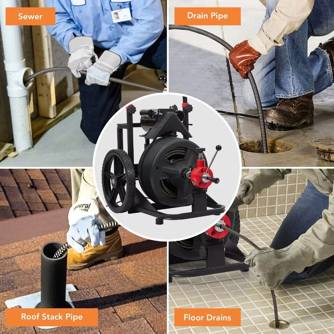 Drain Cleaner Machine 100FT x 1/2 Inch, Auto Feed Sewer Snake Auger on Wheels, with 6 Cutters, Electric Drain Clog Remover Plumbing Tool for 1-4" Pipes