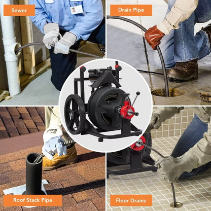 Drain Cleaner Machine 100FT x 1/2 Inch, Auto Feed Sewer Snake Auger on Wheels, with 6 Cutters, Electric Drain Clog Remover Plumbing Tool for 1-4" Pipes
