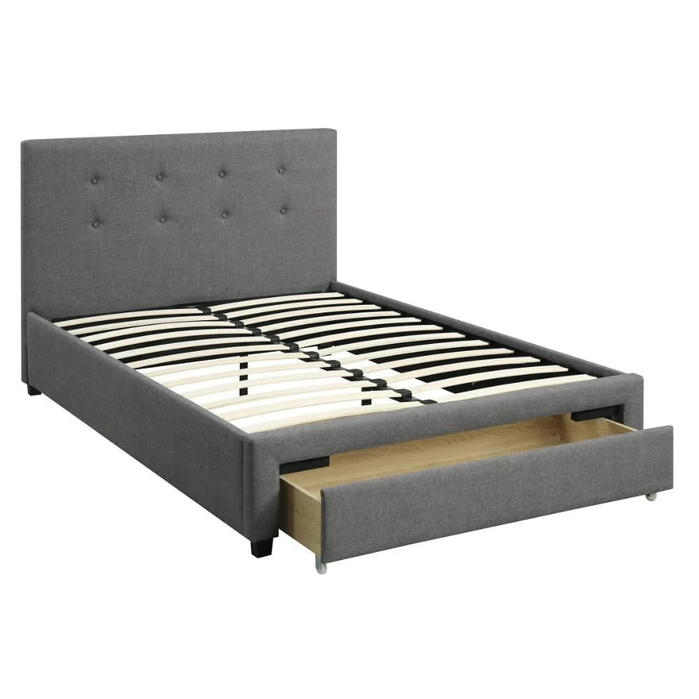 BenJara Upholstered Wooden Full Bed With Button Tufted Headboard & Lower Storage Drawer Gray