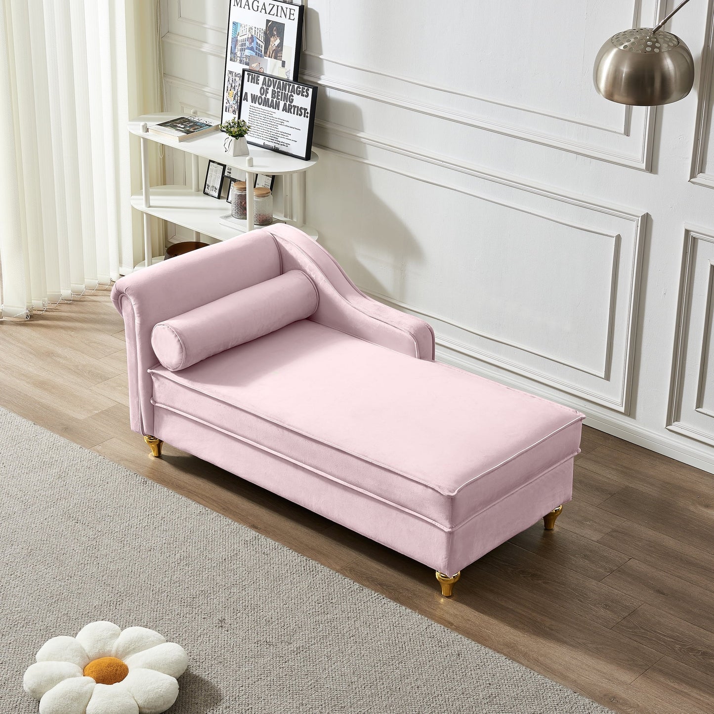 60.6" Velvet Chaise Lounge with Storage, Small Sofa Trimmed with Solid Metal Legs with 1 Pillow, Pink