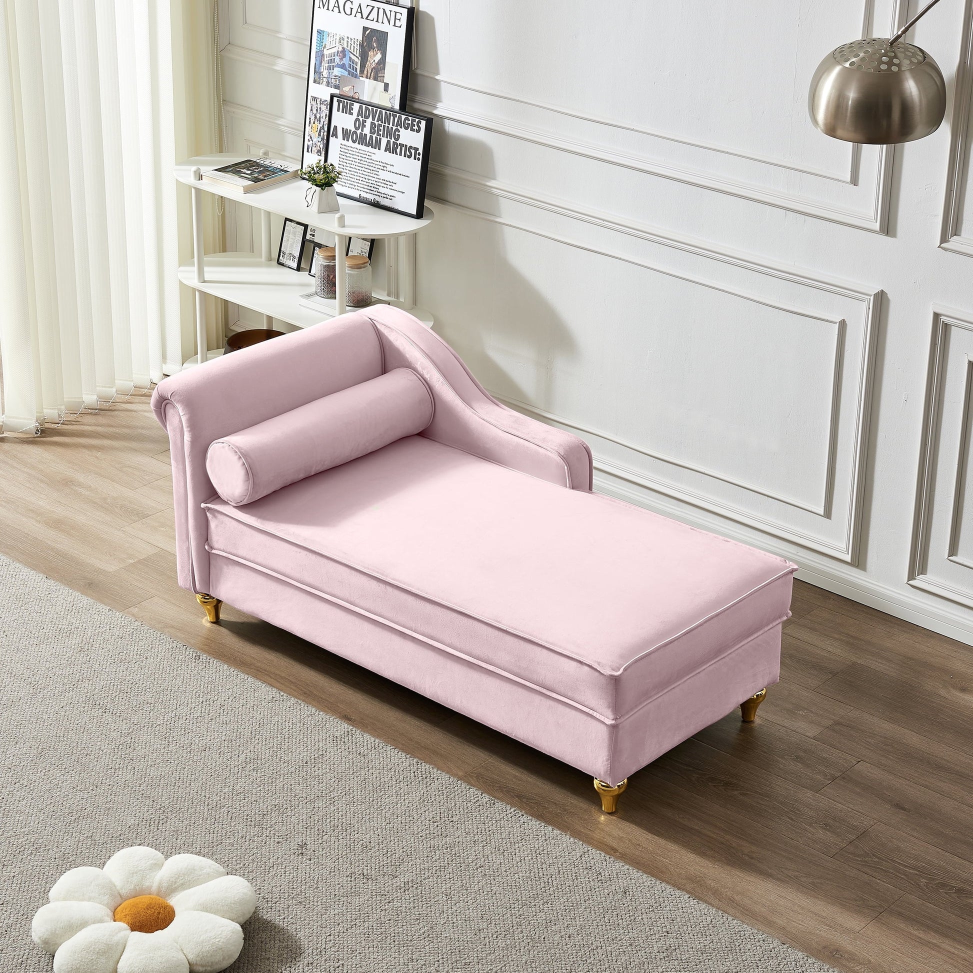 60.6" Velvet Chaise Lounge with Storage, Small Sofa Trimmed with Solid Metal Legs with 1 Pillow, Pink