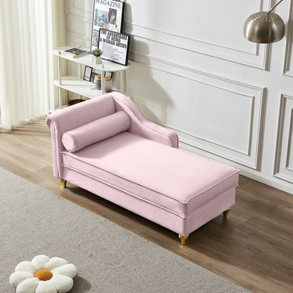 60.6" Velvet Chaise Lounge with Storage, Small Sofa Trimmed with Solid Metal Legs with 1 Pillow, Pink