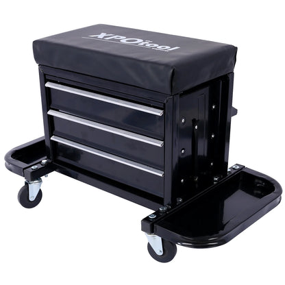 350-Pound Capacity Garage Glider Rolling Tool Chest SeatMechanics Roller Seat with 3 Drawers, Rolling Tool Chest Garage Chair, Toolbox on Wheels Mechanics Seat