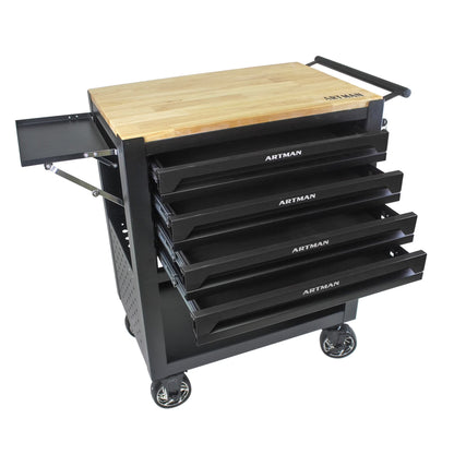 NIGSQJB 4 Drawers Tool Chest on Wheels, 35.4"H Tool Storage Cart with Wooden Top,Drawers Rolling Tool Box Organizer Tool Case with Lock for Garage,Warehouse,Workshop,Repair Shop, Blue Black