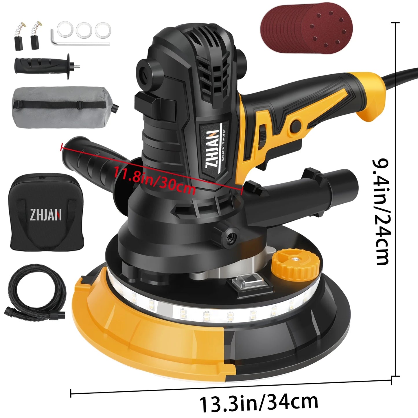ZHJAN 7" Handheld Electric Drywall Sander 900W with Vacuum & LED - Dual-Grit, 12 Discs, Portable Wall Polisher