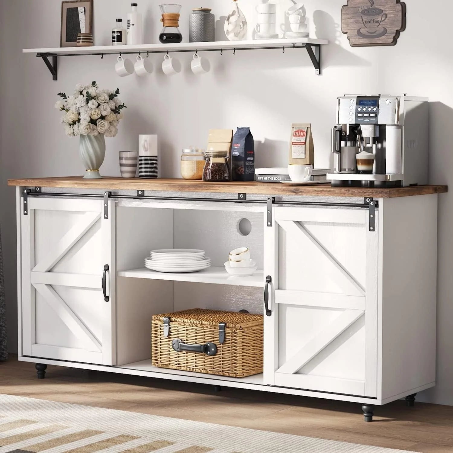 Catrimown Farmhouse Coffee Bar Cabinet, 58'' Kitchen Buffet Sideboard Storage Cabinet with Adjustable Shelves, White