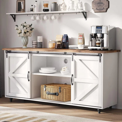 Catrimown Farmhouse Coffee Bar Cabinet, 58'' Kitchen Buffet Sideboard Storage Cabinet with Adjustable Shelves, White
