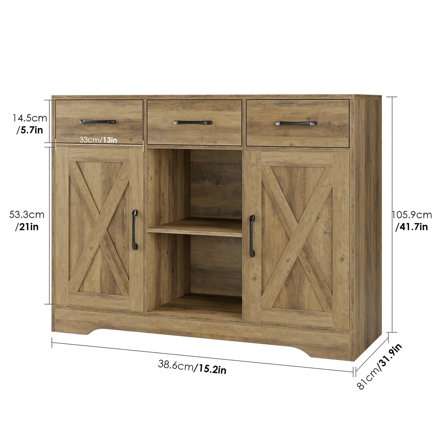 Homfa 41.7'' Wide 3 Drawer Brown Wood Sideboard, 3 Drawer Kitchen Buffet with 2 Doors, Storage Cabinet with 2-Tier Adjustable Shelves for Living Room