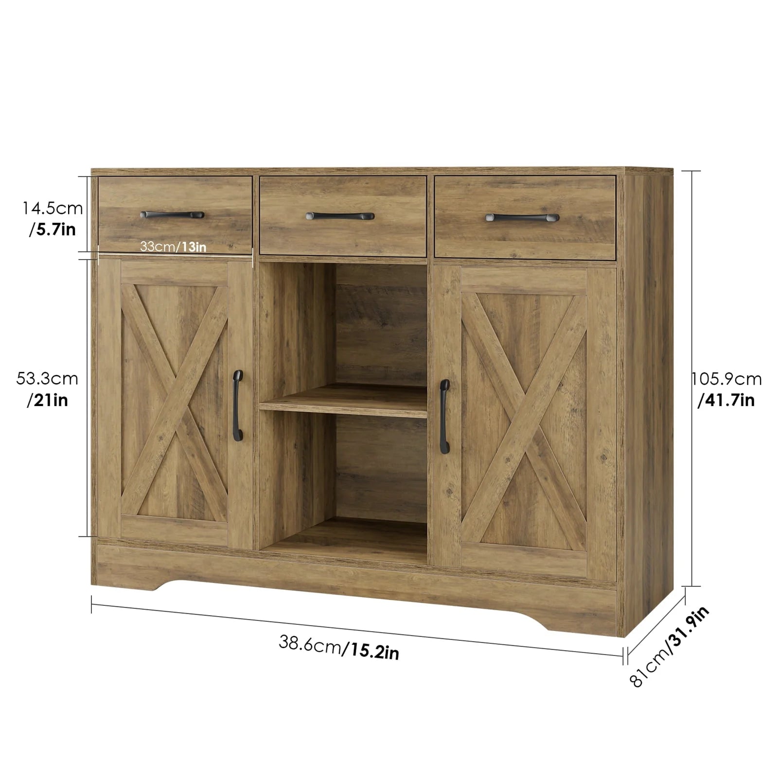 Homfa 41.7'' Wide 3 Drawer Brown Wood Sideboard, 3 Drawer Kitchen Buffet with 2 Doors, Storage Cabinet with 2-Tier Adjustable Shelves for Living Room