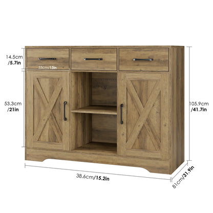 Homfa 41.7'' Wide 3 Drawer Brown Wood Sideboard, 3 Drawer Kitchen Buffet with 2 Doors, Storage Cabinet with 2-Tier Adjustable Shelves for Living Room