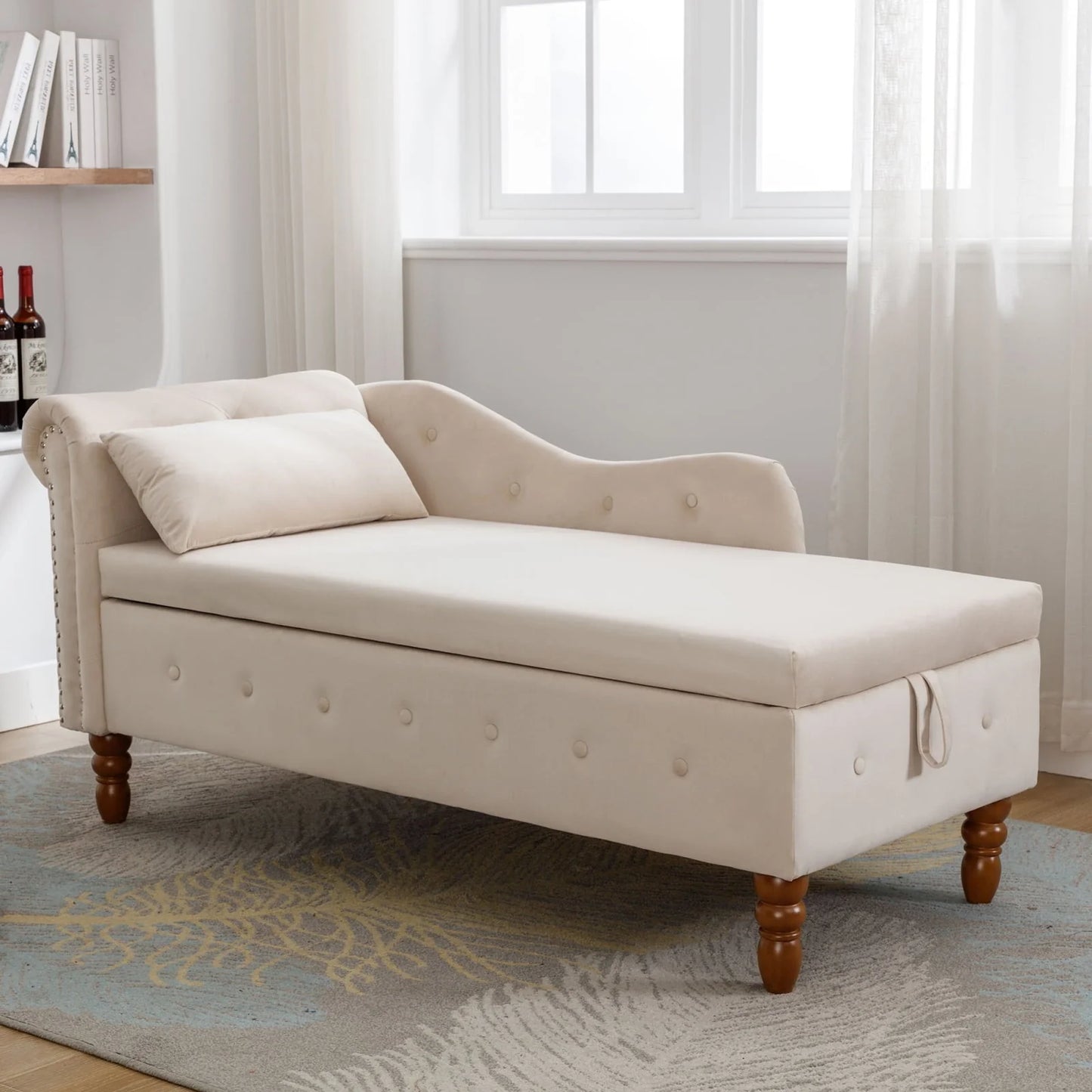 Beige Velvet Chaise Lounge Indoor - Modern Lounge Chair for Bedroom with Storage & Pillow, Nailhead Trim, Perfect for Living Room, Bedroom, Office, Comfortable & Durable