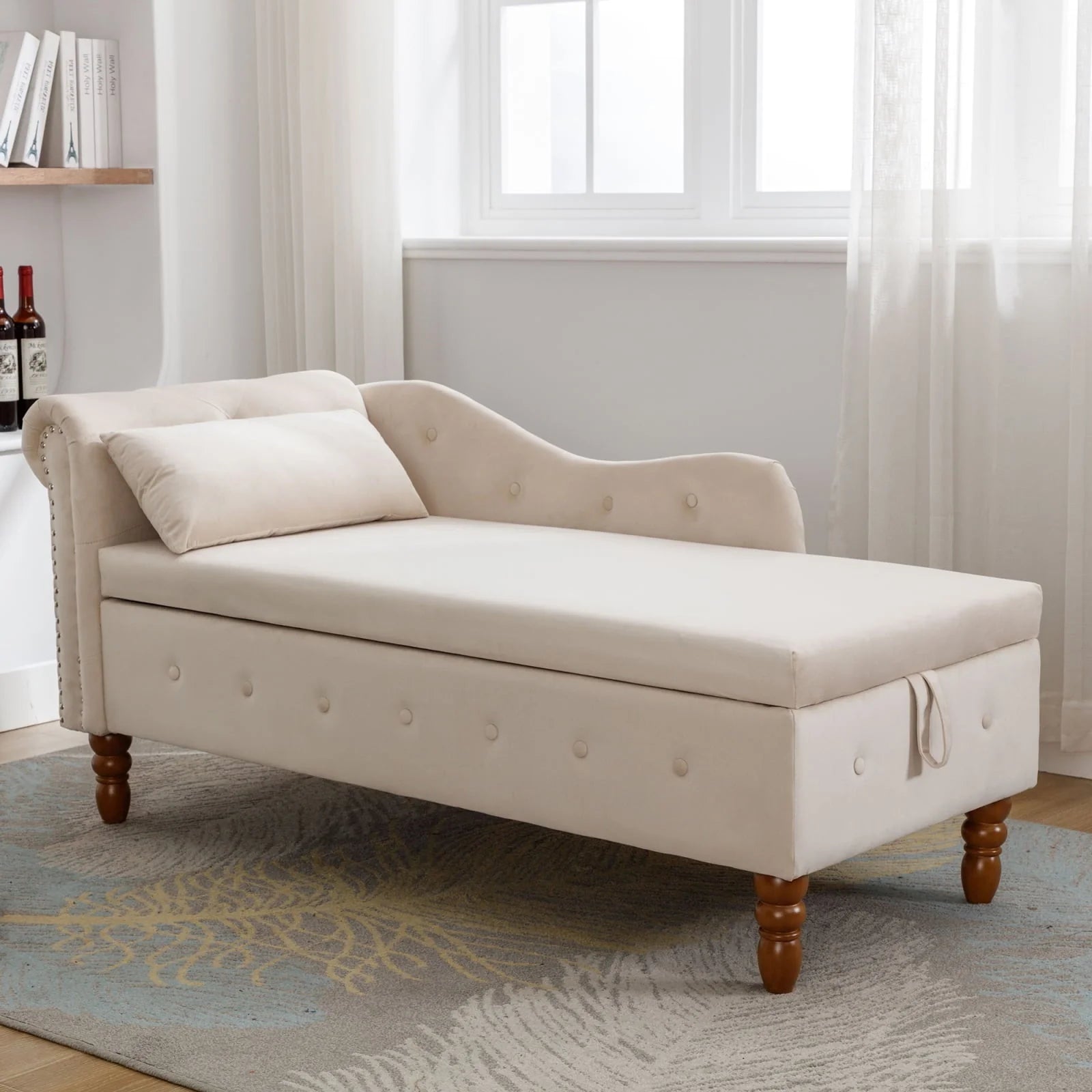 Beige Velvet Chaise Lounge Indoor - Modern Lounge Chair for Bedroom with Storage & Pillow, Nailhead Trim, Perfect for Living Room, Bedroom, Office, Comfortable & Durable