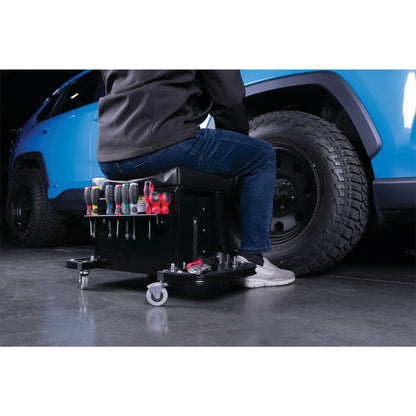Performance Tool W85025 3-Drawer Rolling Tool Chest Seat with Magnetic Side Trays, 350 Lbs. Capacity, Rear Tray, Black