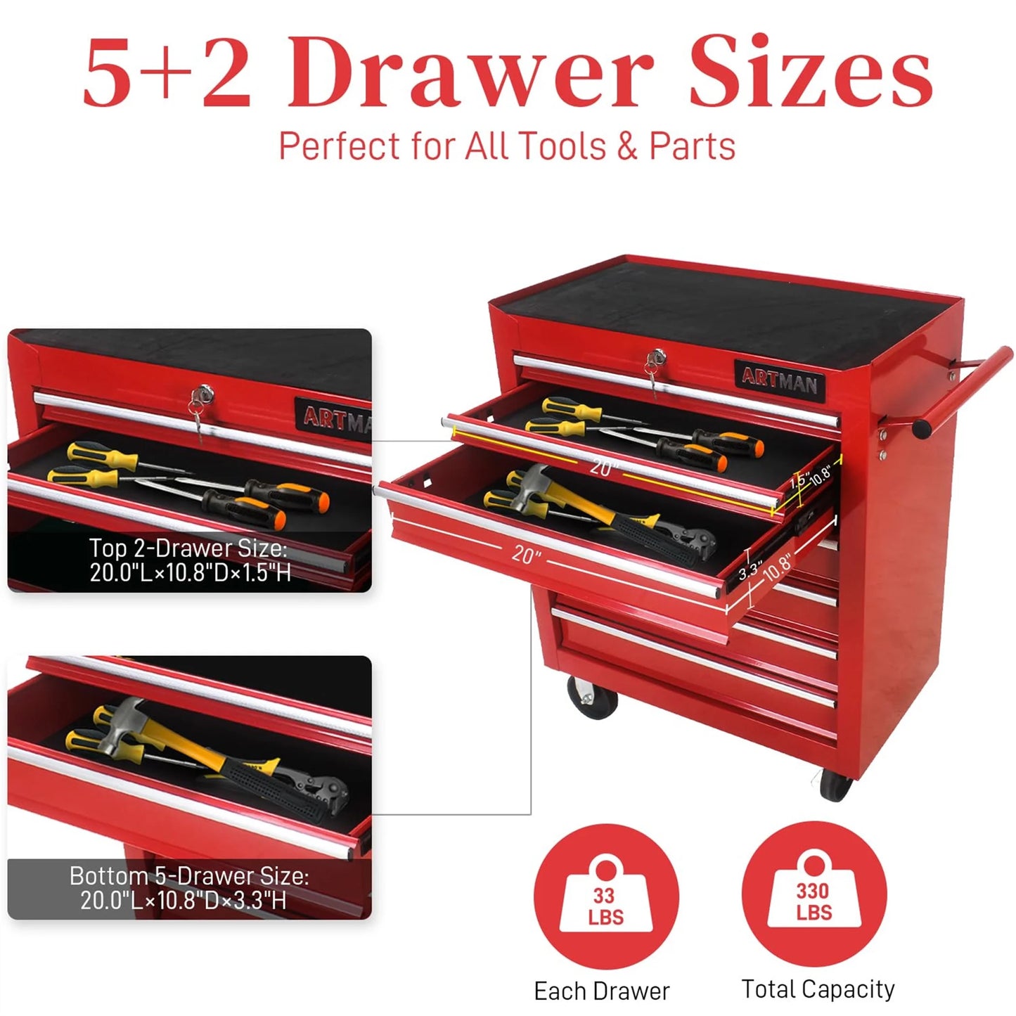 Aukfa Tool Chest, 24.5 in 7-Drawer Steel Rolling Tool Box on Wheels for Workshop Garage, Red