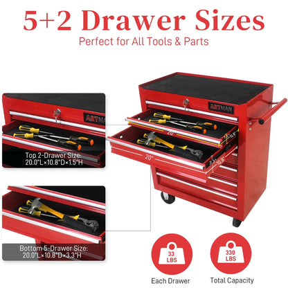 Aukfa Tool Chest, 24.5 in 7-Drawer Steel Rolling Tool Box on Wheels for Workshop Garage, Red