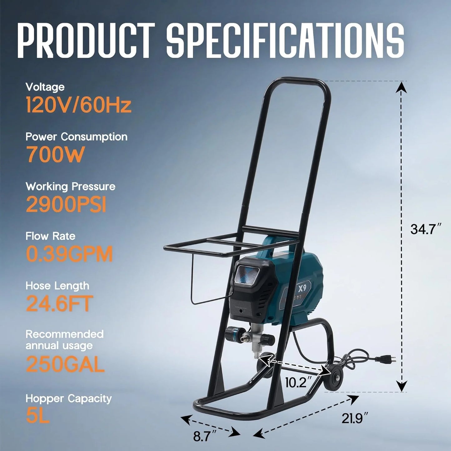 Jocisland High-Pressure Airless Paint Sprayer with 5L Hopper Capacity,650W, 2900 PSI Paint Sprayer with Two Spray Tips Options, for Professional and DIY Use