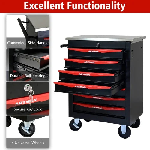 POVANLI 7 Drawer Portable Tool Box With Wheels,20" Tool Chest With Key Locking Tool Boxes/Organizers Black& Red