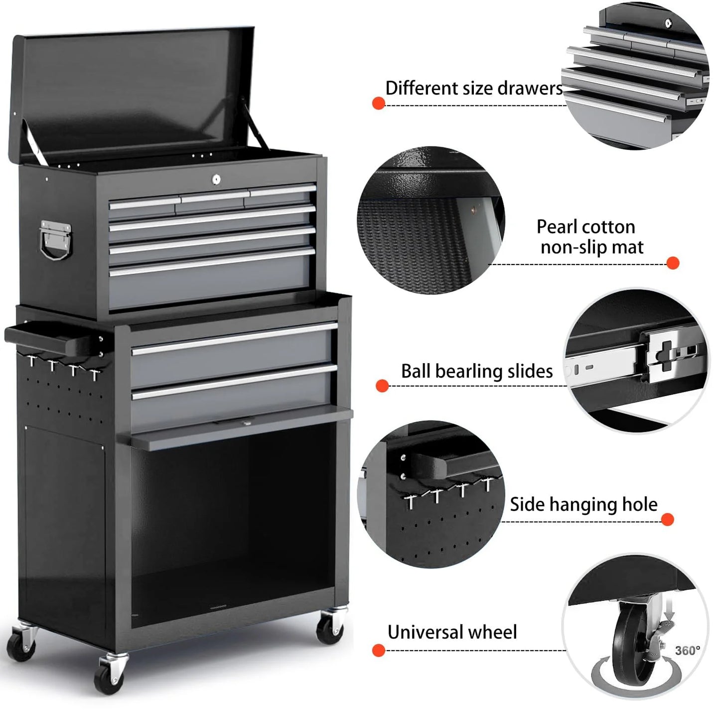 AIRAJ 42'' 8-Drawer Rolling Tool Chest with Wheels | Heavy-Duty Metal Tool Box with Removable Lid & Hooks | Garage Storage Cabinet with Liners, Tray Dividers