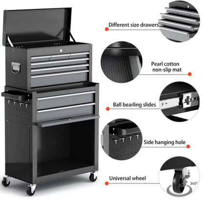 AIRAJ 42'' 8-Drawer Rolling Tool Chest with Wheels | Heavy-Duty Metal Tool Box with Removable Lid & Hooks | Garage Storage Cabinet with Liners, Tray Dividers