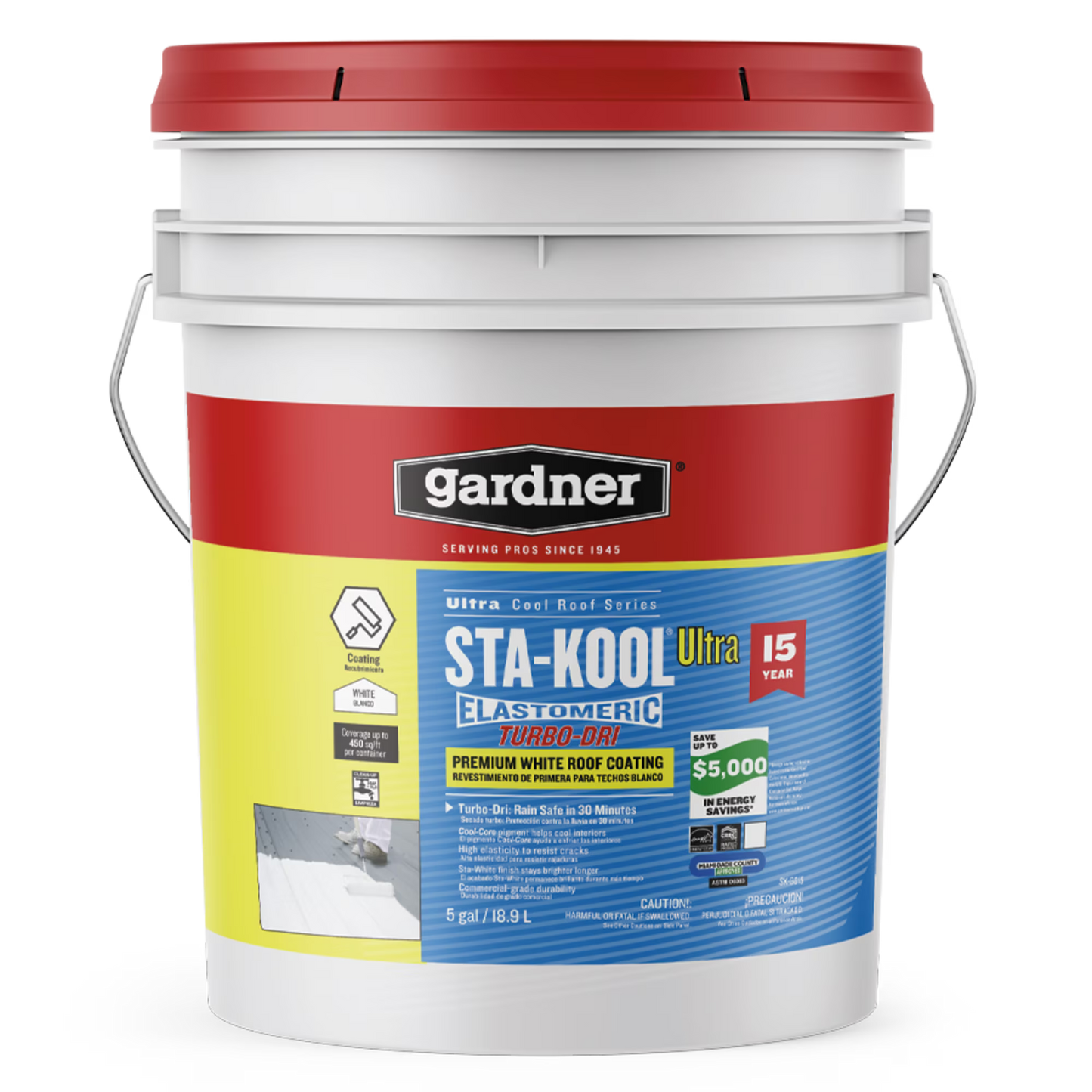 GARDNER STA-KOOL 15 YR Turbo-Dri Elastomeric Roof Coating - White, White, 5 Gallon