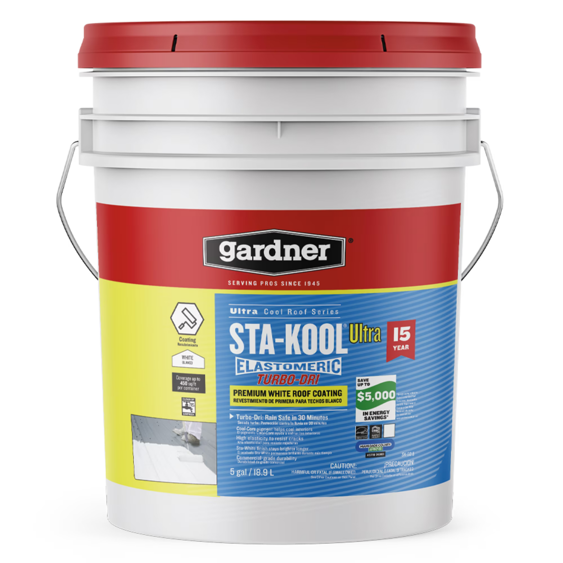GARDNER STA-KOOL 15 YR Turbo-Dri Elastomeric Roof Coating - White, White, 5 Gallon