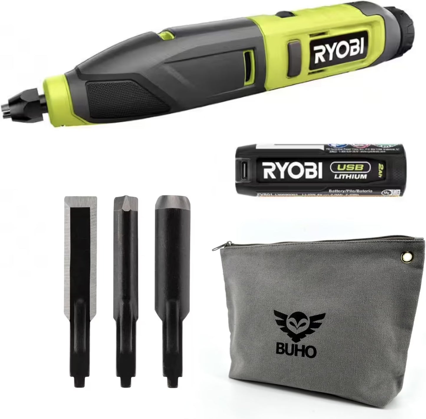 Power Carver Bundle with Ryobi Carver and Buho Tool Pouch, USB Lithium 2.0 Ah Battery and Charging Cable - Wood Carving Tool - Includes Straight Chisel, U-Gouge and V-Gouge Blades