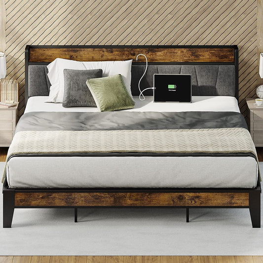 LIKIMIO King Metal Bed Frame with Storage Headboard and Outlets, Sturdy for Adults, Vintage and Gray