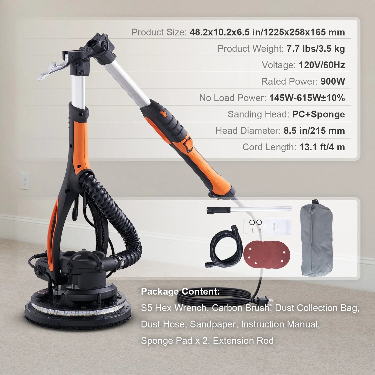 SKYSHALO Drywall sander 900W brush motor 800-1800RPM variable speed and self-priming function