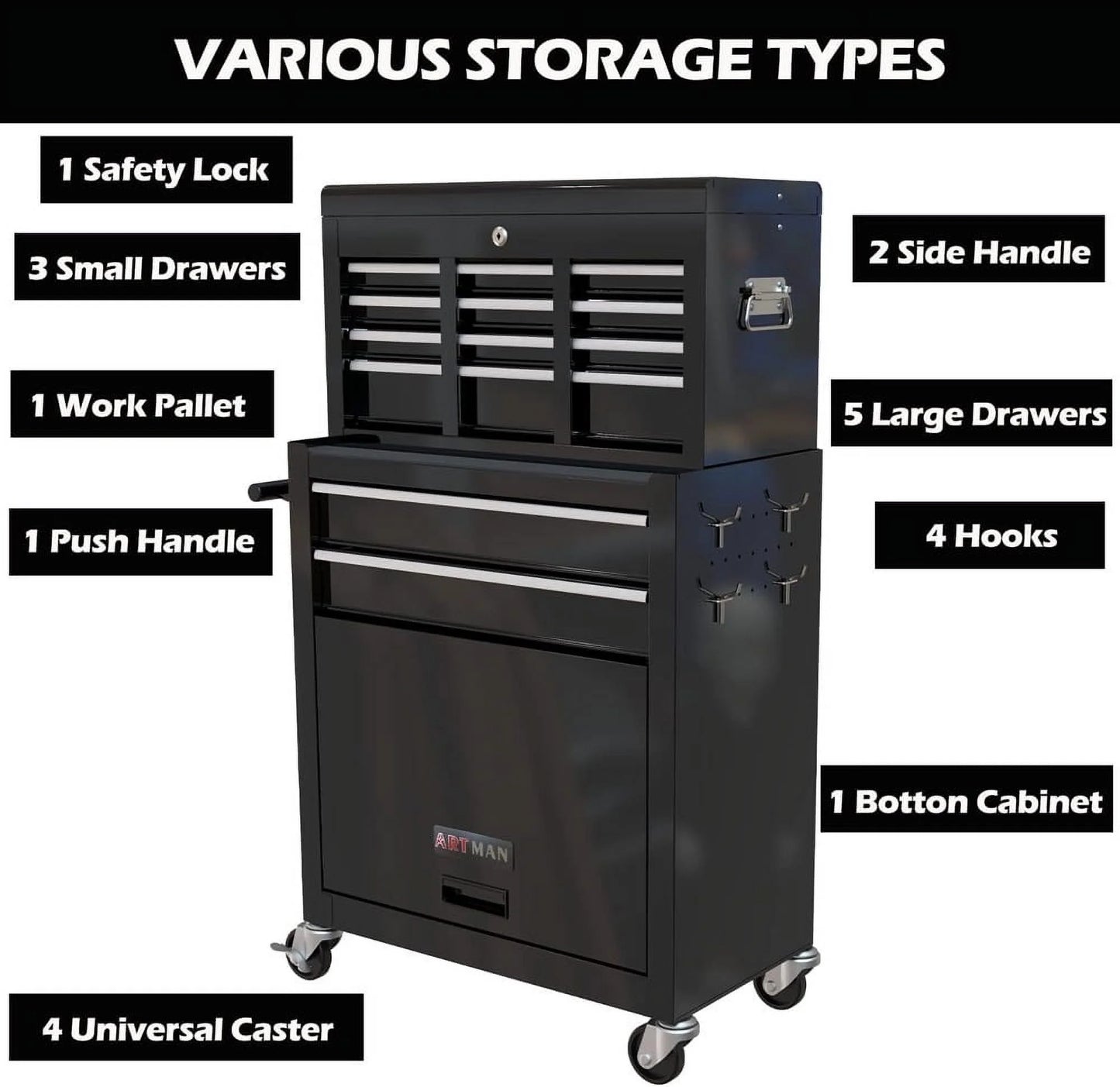 8-Drawer Tool Chest High Capacity Rolling Tool Chest with Wheels and Drawers Rolling Tool Box with Lock, Removable Tool Cabinet Storage for Warehouse Garage Workshop, Black