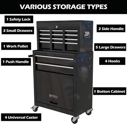 8-Drawer Tool Chest High Capacity Rolling Tool Chest with Wheels and Drawers Rolling Tool Box with Lock, Removable Tool Cabinet Storage for Warehouse Garage Workshop, Black