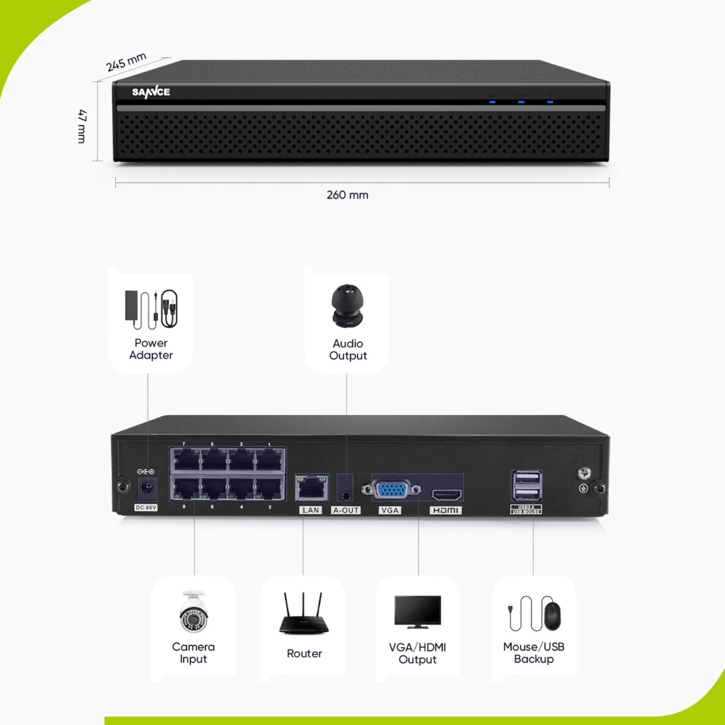 SANNCE H.265+ POE Security Camera System, 8CH 4K POE NVR and 4X 3MP Outdoor Metal IP Bullet Cam, Motion Alert, Humanoid, Infrared, Audio Input, NO HDD, 100ft Night Vision, Surveillance System Kit