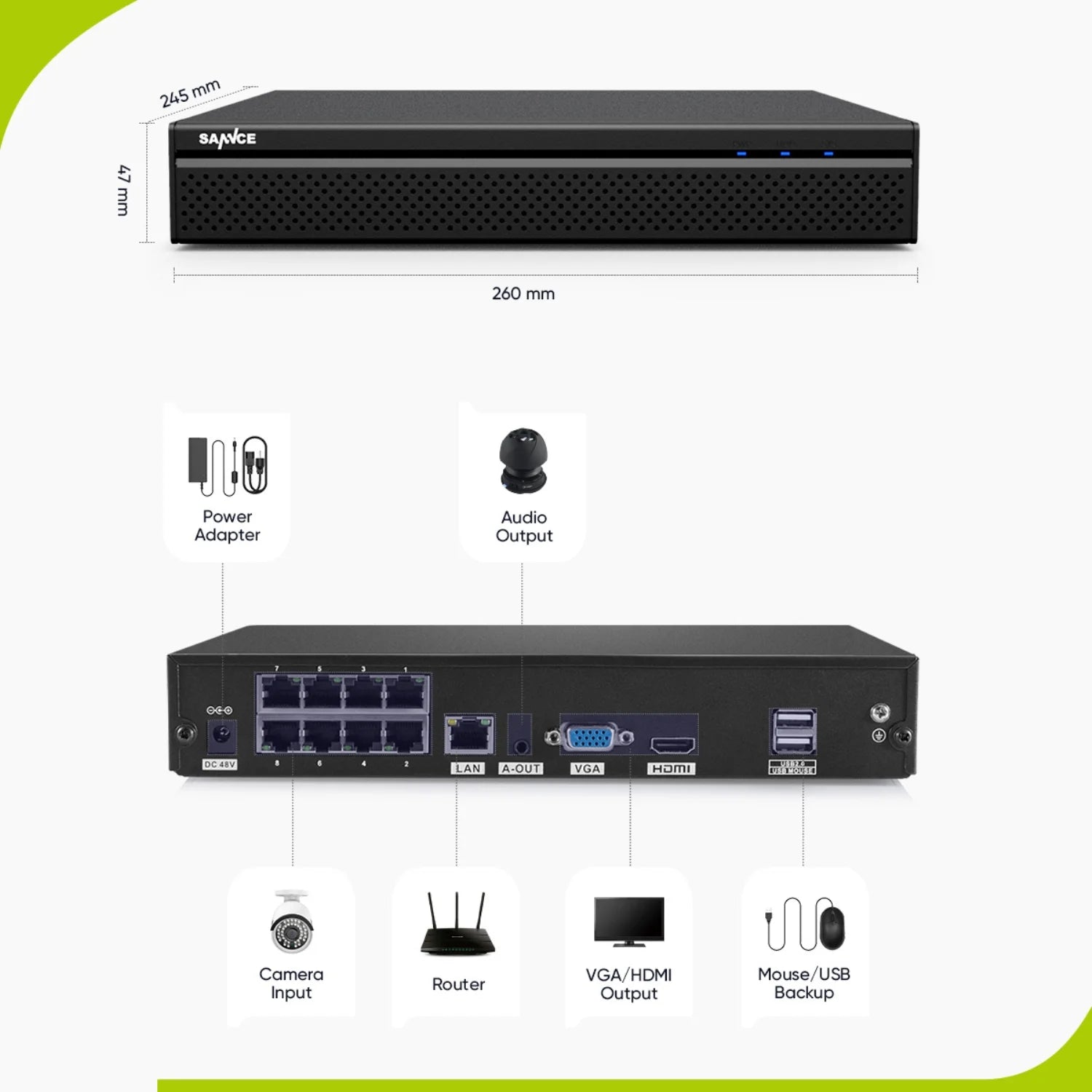 SANNCE H.265+ POE Security Camera System, 8CH 4K POE NVR and 4X 3MP Outdoor Metal IP Bullet Cam, Motion Alert, Humanoid, Infrared, Audio Input, NO HDD, 100ft Night Vision, Surveillance System Kit