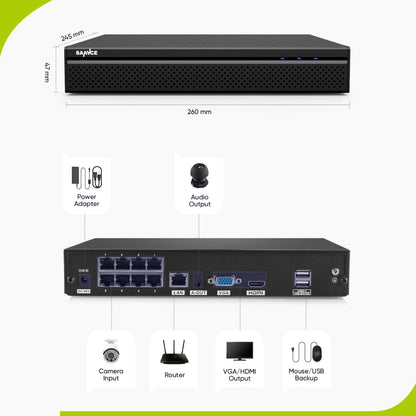 SANNCE H.265+ POE Security Camera System, 8CH 4K POE NVR and 4X 3MP Outdoor Metal IP Bullet Cam, Motion Alert, Humanoid, Infrared, Audio Input, NO HDD, 100ft Night Vision, Surveillance System Kit