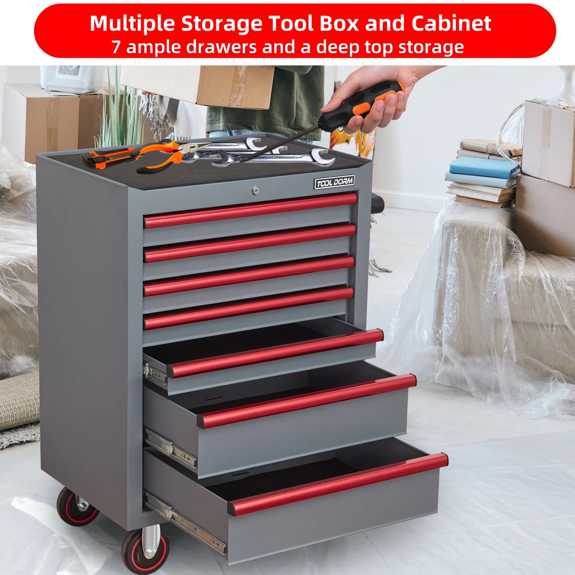 26.7inch Tool Cabinets Rolling Toolbox with 7 Drawers, Metal Tool Chest with Wheels, Gray Color, Tool Cart for Garage, Warehouse, Repair Shop, Workshop