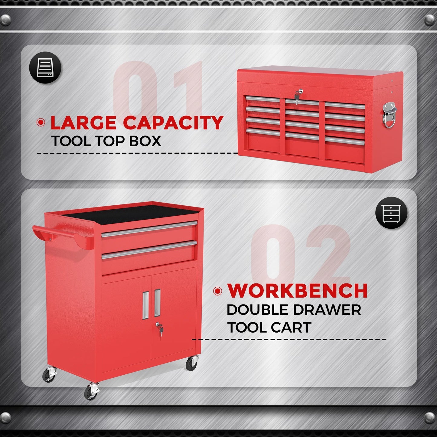 SUNCROWN Tool Chest,8-Drawer Rolling Tool Chest with Detachable Top Tool Box, Tool Chest with Universal Lockable Wheels, Metal Tool Cart for Garage, Workshop, Barbershop(Red)