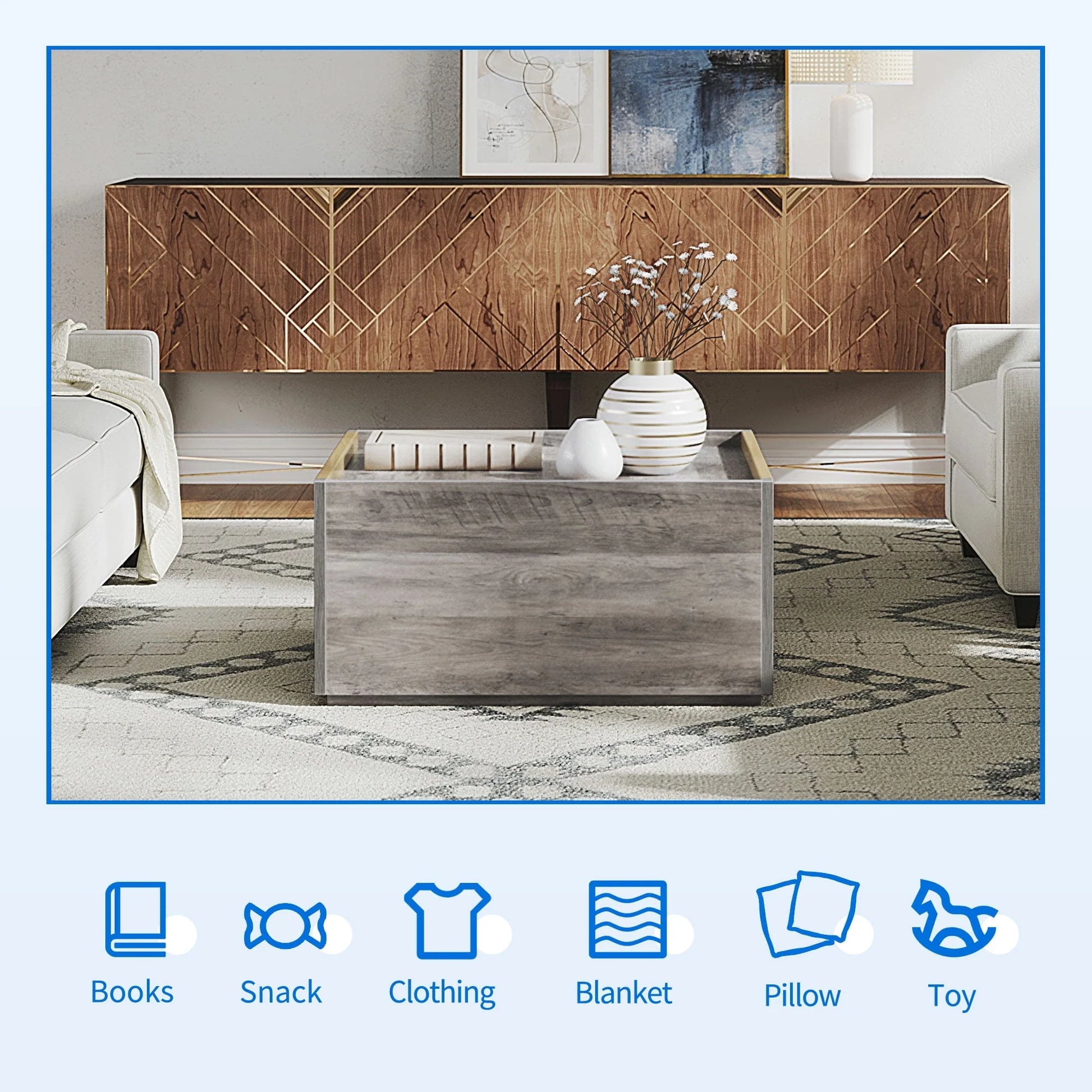 Dextrus Square Coffee Table with Storage, Manhattan Gate Center Table for Living Room, Bedroom, Grey Wash