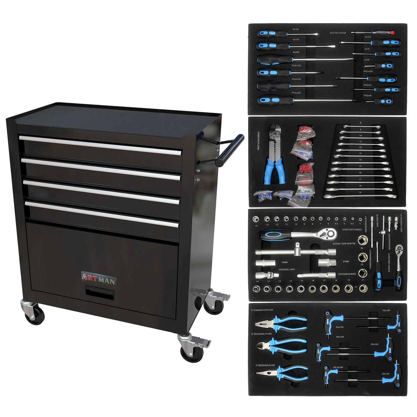 Roromall Rolling Tool Chest Removable Metal Tool Cart Storage Cabinet Tool Set with 4 Wheels Drawers and Tools