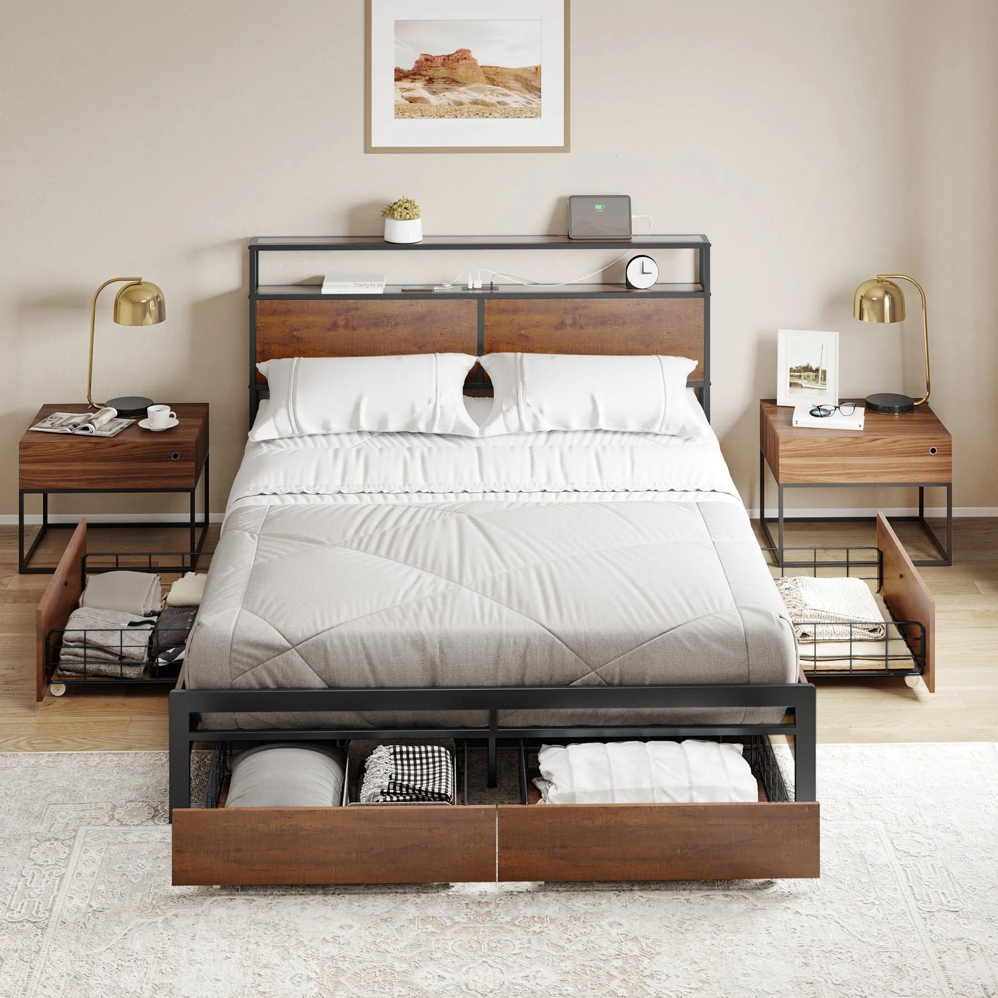 HAUSOURCE Queen Size Bed Frame with Headboard and 4 Storage Drawers LED Platform Bed Frame with Charging Station Rustic Brown