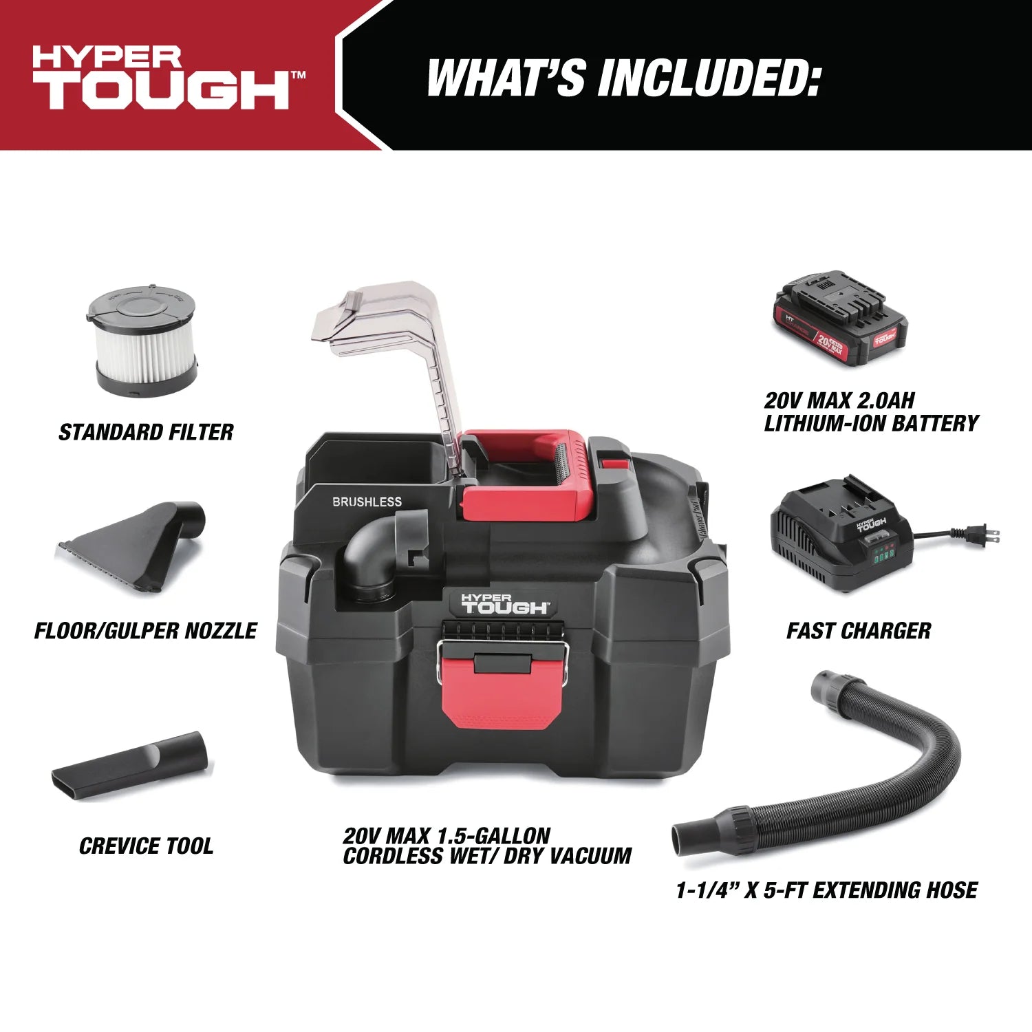 Hyper Tough 1.5 Gallon Wet Dry Vac, 20V Max, Brushless Motor, Cordless, Battery and Charger Included