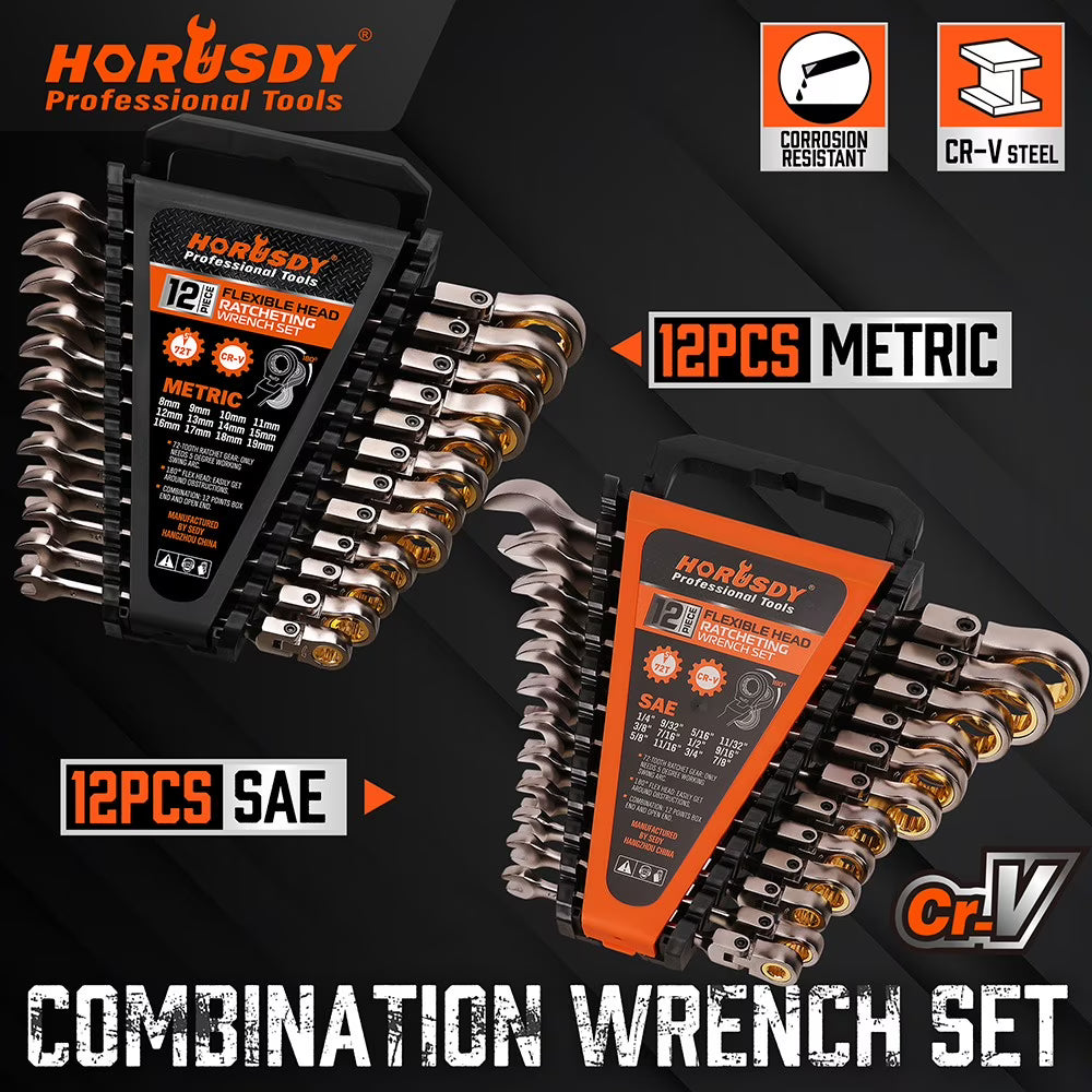 24PC Flex-Head Ratcheting Wrench Set Metric & SAE w/Organizer 8-19mm 1/4"-7/8"