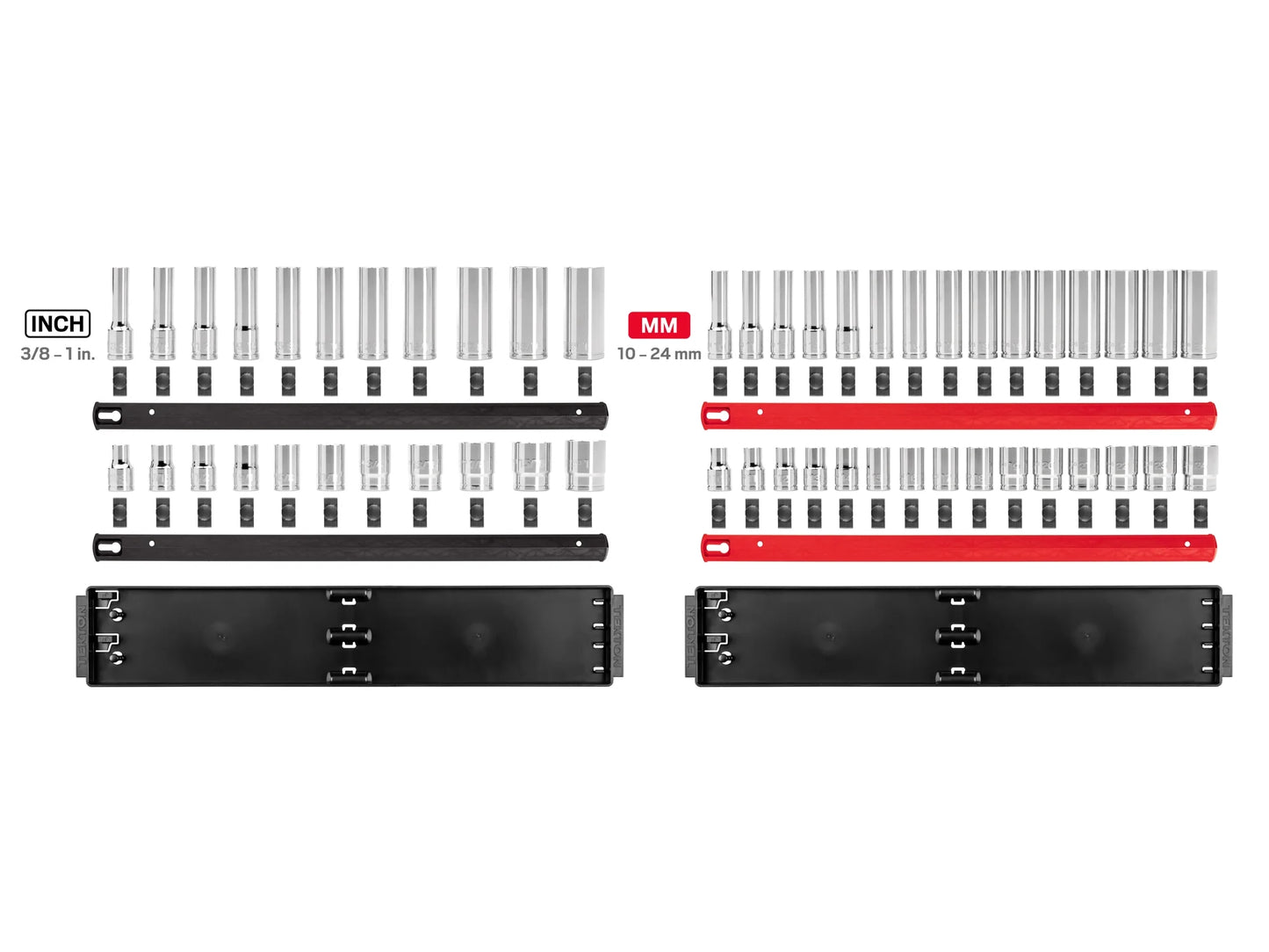 TEKTON 1/2 Inch Drive 12-Point Socket Set with Rails, 52-Piece (3/8-1 in., 10-24 mm) | SHD92214