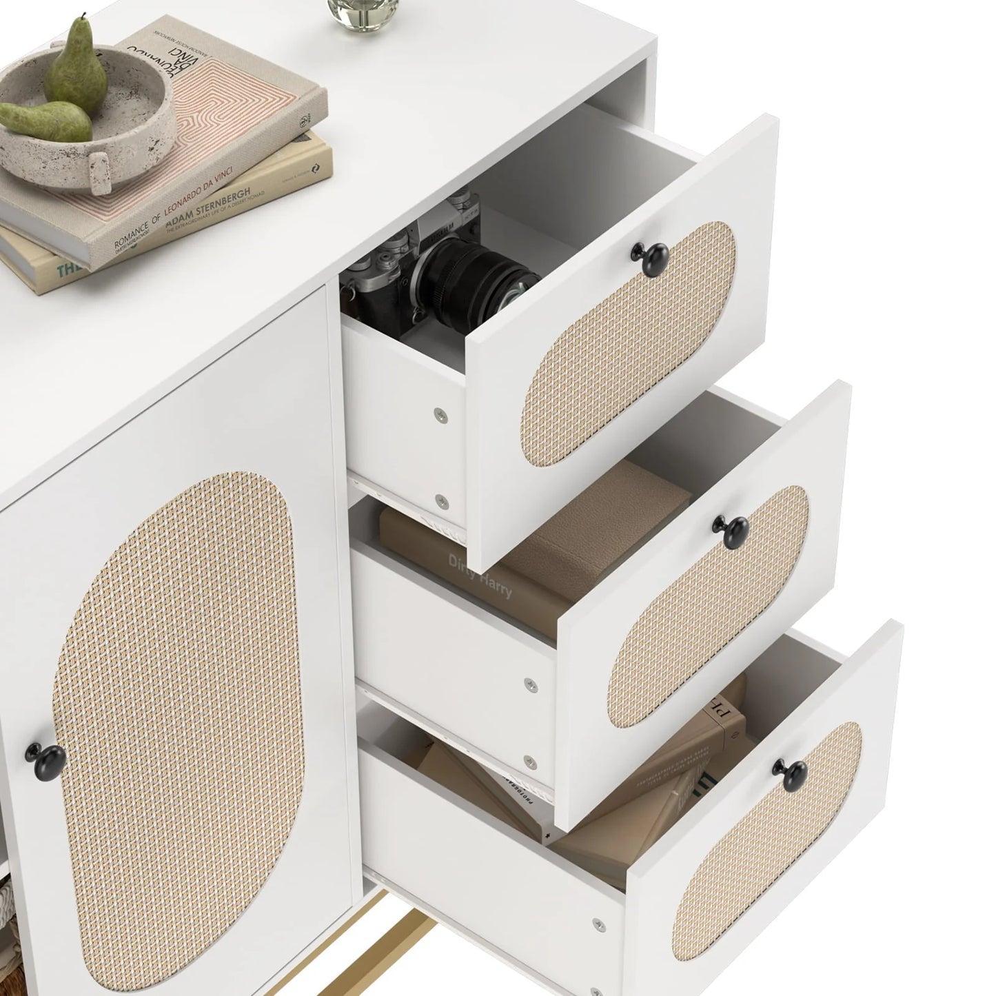 Homfa 3 Drawers Accent Storage Cabinet, 34.2"H Gold Buffet Sideboard with Rattan Doors for Living Room, White
