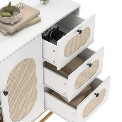Homfa 3 Drawers Accent Storage Cabinet, 34.2"H Gold Buffet Sideboard with Rattan Doors for Living Room, White
