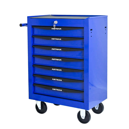 FARONZE Rolling Metal Tool Chest with 7 Drawers, 20" Steel Storage Cabinet with Ball Bearing Slides, Black and Blue Finish