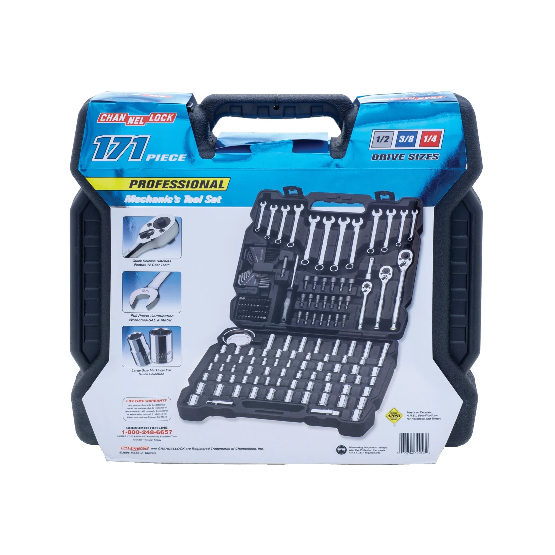 CHANNELLOCK 39053 171pc Mechanic's Tool Set, Includes Standard SAE and Metric Sizes, Chrome/Nickel Finish