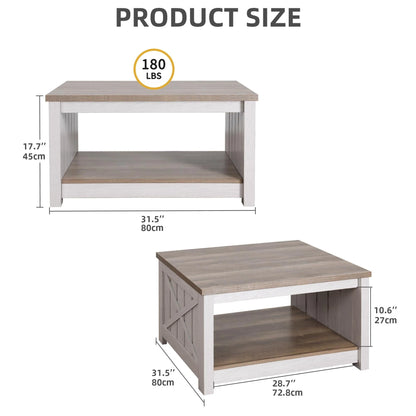 Dextrus Coffee Table with Storage, Square Wood Farmhouse Coffee Table with Barn Door for Living Room, Grey Wash